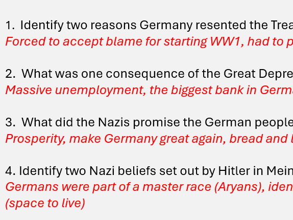 OCR B: Living Under Nazi Rule – Starter & Revision Questions