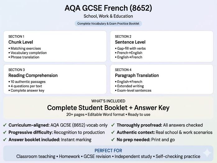 AQA GCSE French (8652) Vocabulary & Exam Practice Booklet: School, Work & Education