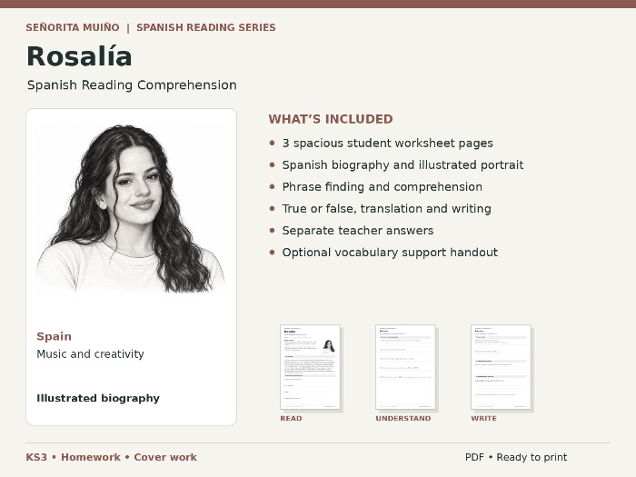 Rosalía | KS3 Spanish Reading Comprehension - Homework & Cover