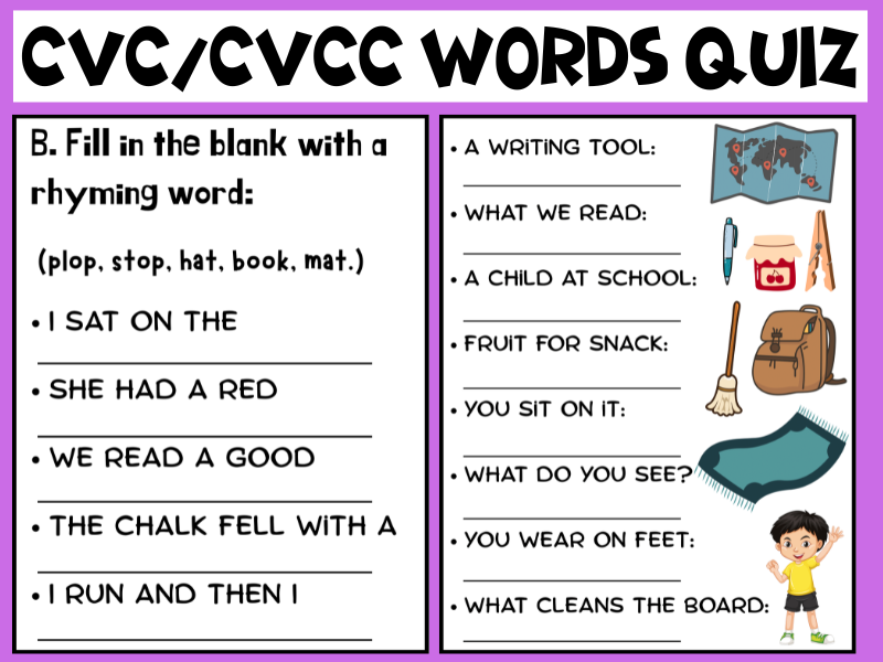 Back to School CVC, CVCC and Tricky Words Literacy Quiz with Rhyming Challenges for KS1 and KS2