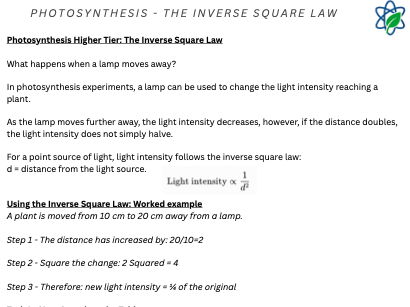 B8/Worksheet/Bioenergetics/Inverse Square Law/With Answers/GCSE/AQA/Combined Science/Biology