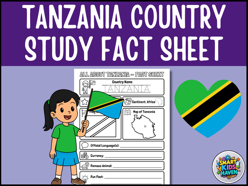Tanzania Printable Worksheets Map and Flag Country Study Research Project.