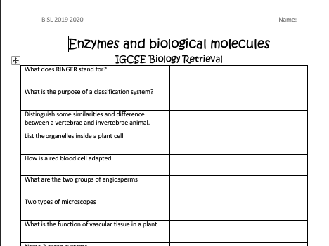 CIE IGCSE Biology Retrieval Quizzes with answers