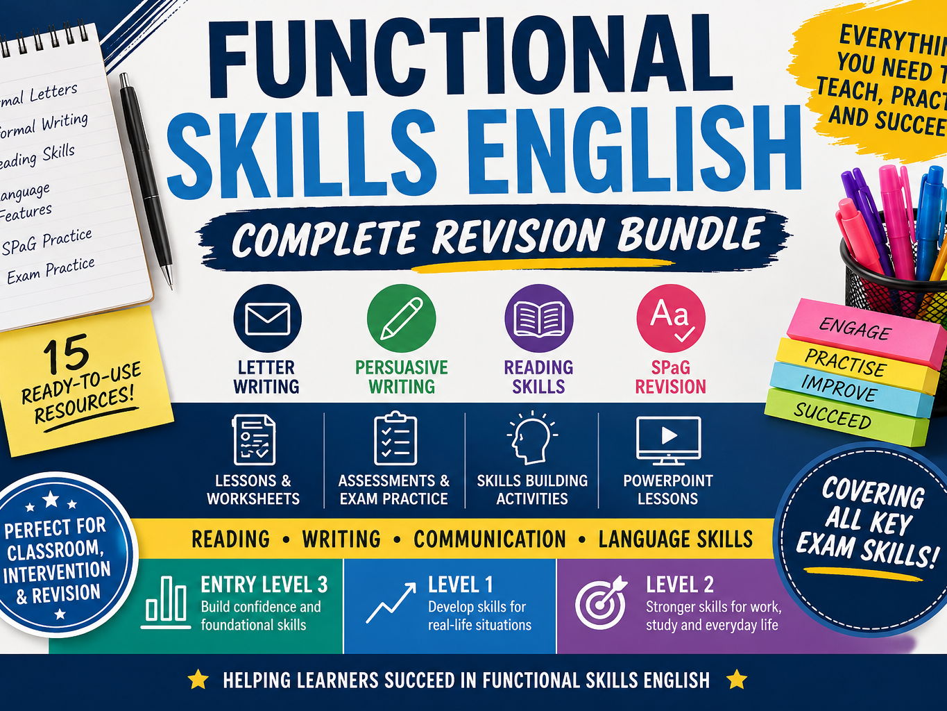 Functional Skills English Level 1 & 2 + Revision Bundle | Letter Writing, Reading, SPaG & Exam Practice