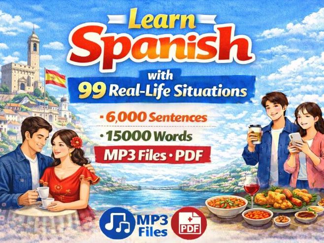 Learn Spanish with 99 Real-Life Situations(6,000 Sentences, 15,000 Words, MP3 files, PDF)