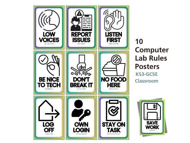 Computer Lab Rules Posters (Set of 10) | Computing Classroom Display | KS2 KS3 ICT Rules