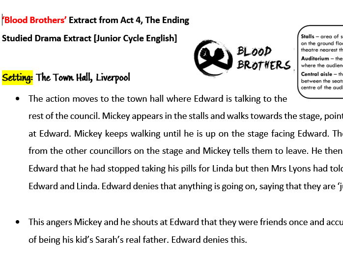 'Blood Brothers'  Revision,  Junior Cycle English, 3rd Year, Exam Questions & a Key Moment