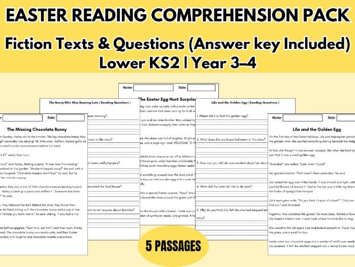 KS2 Easter Reading Comprehension sheets | Year 3 Year 4 |5 Fun Short Stories | Questions + Answers
