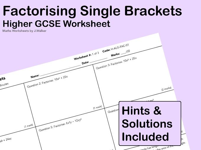 GCSE Maths Worksheet: Factorising Single Brackets - Higher Tier