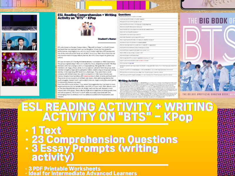 ESL Reading Comprehension + Writing Activity Worksheets - BTS - KPop