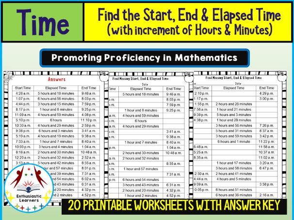 Start, End & Elapsed Time Worksheets (Hours & Minutes Increments) Problems Math
