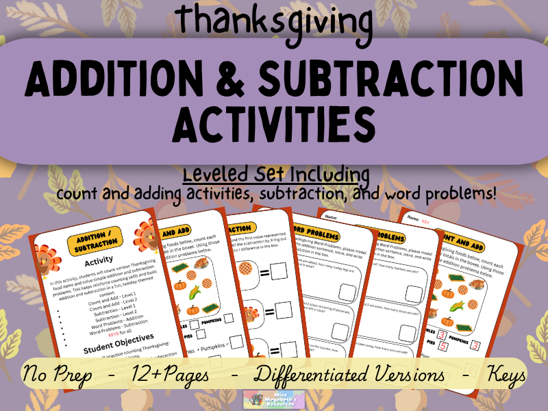 Thanksgiving Addition & Subtraction Practice | Differentiated Activity Set for K-5