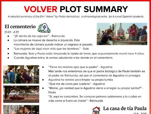 Volver Plot Summary A-Level Spanish (with quotes & images)