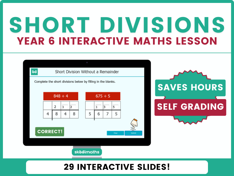 Short Division - Year 6 Interactive Digital Maths Lesson and Self-Grading Activities