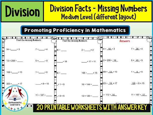 Division Fact Missing Numbers on Different Layout Worksheets – Medium Level Problems