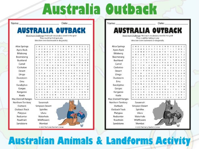 Australia Outback Word Search | Australian Animals & Landforms Activity