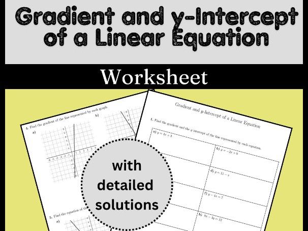 Gradient and y-Intercept of a Linear Equation Worksheet (with solutions)
