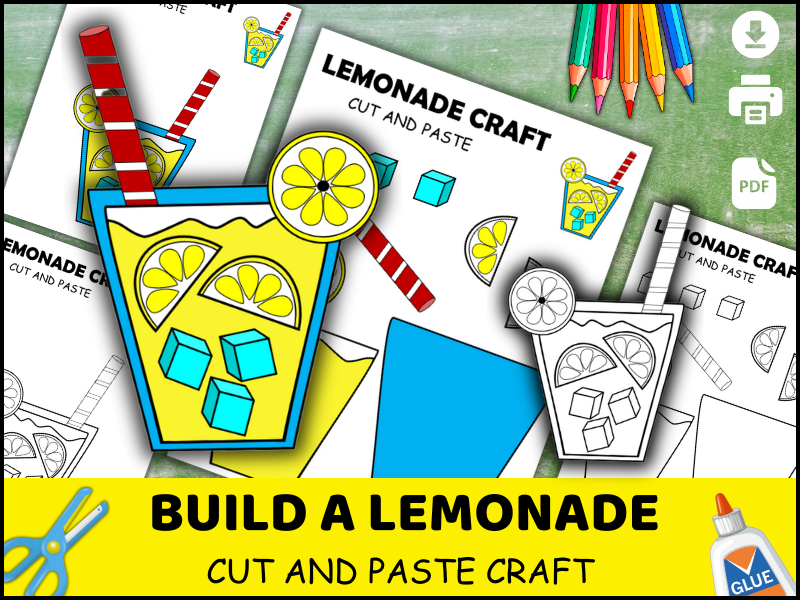 Lemonade Craft Printable | Summer Drink Cut and Paste Activity | Preschool Coloring Worksheet PDF