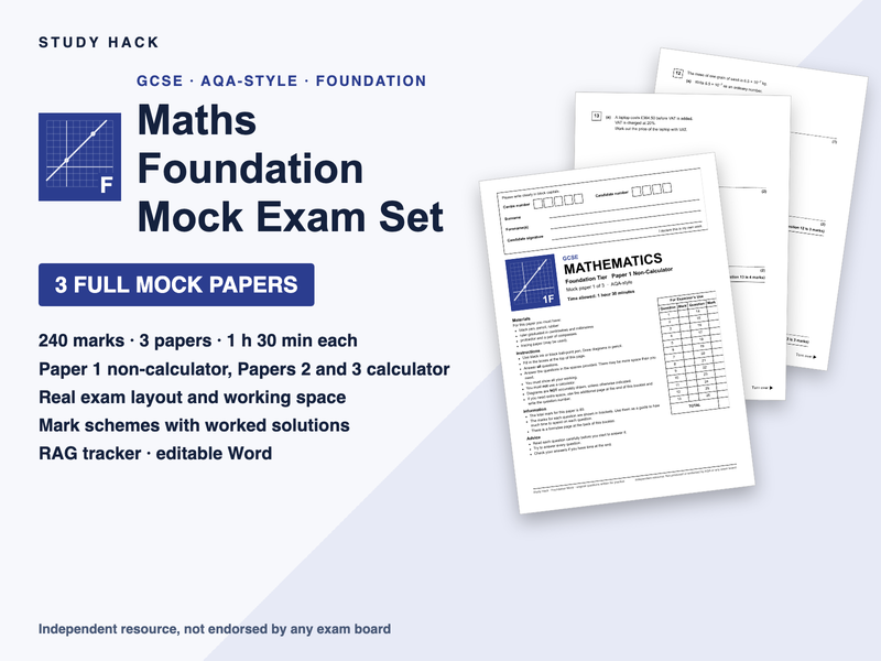 GCSE Maths Foundation Mock Set: 3 Papers, Mark Schemes with Worked Solutions, RAG Tracker