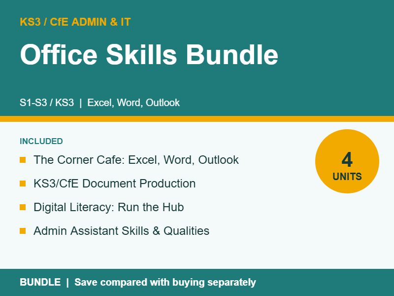 KS3/CfE Admin & IT Office Skills Bundle: Excel, Word, Outlook