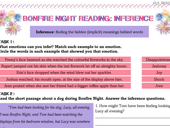 English Bonfire Night Reading Skills Inference Worksheet