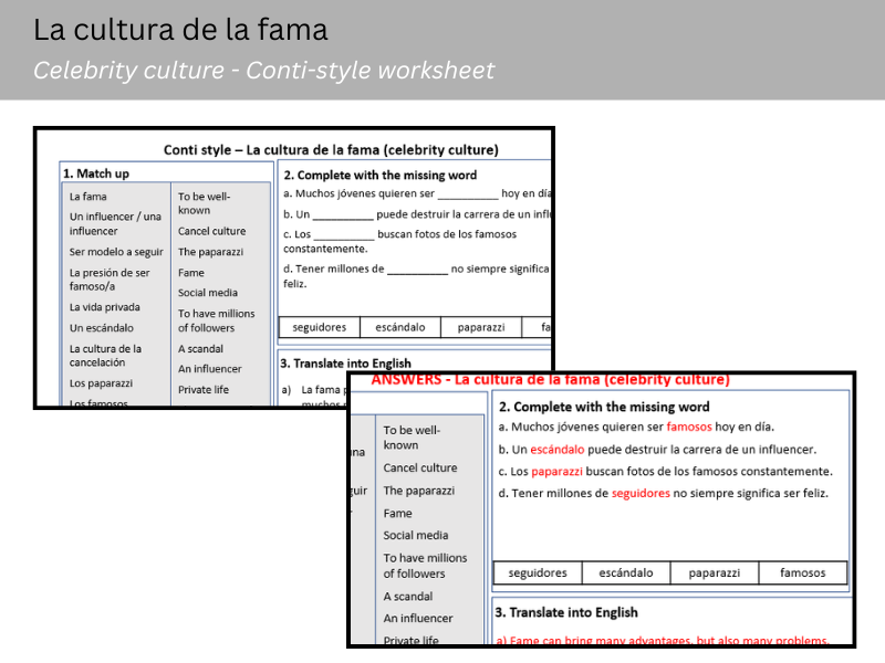 Celebrity Culture in Spanish – Conti-Style Vocabulary & Practice Worksheet (National 5 / GCSE)