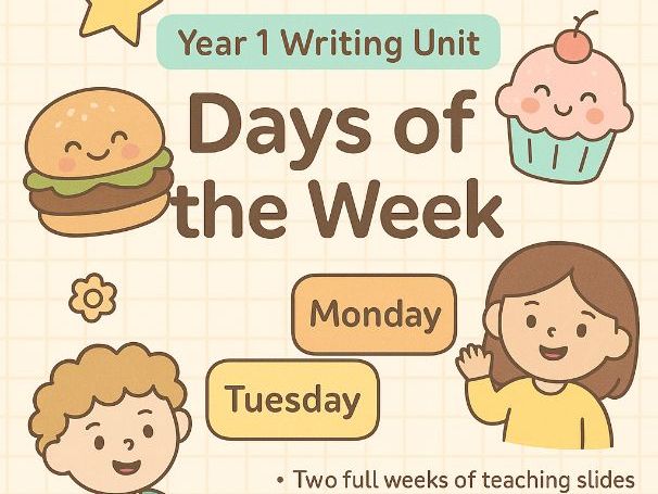 Year 1 Days of the Week Writing Unit – Narrative, Spellings & Food Writing | 2 Weeks of Editable Sli