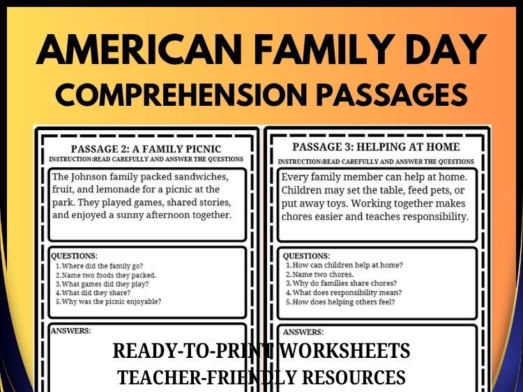 American Family Day Reading Comprehension | 20 Passages, 100 Questions & Answer Key