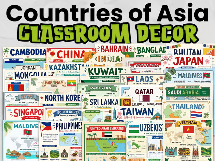 Asia Country Posters | KS2 Geography Display | Asia Fact Posters: Country Research & Classroom Decor