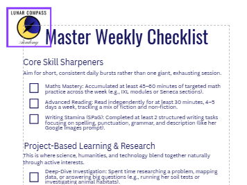 Parent/Carer Master Weekly Checklist (Home Education)