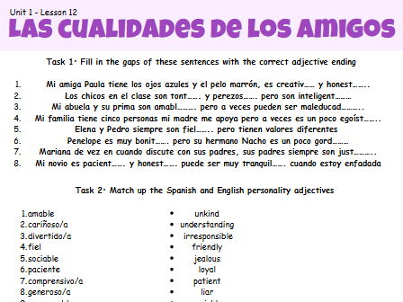 AQA GCSE Spanish Unit 1  Lesson 12 Las cualidades de los amigos