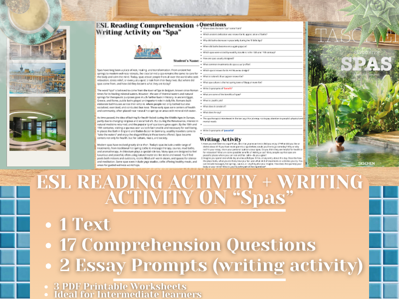 ESL Reading Comprehension + Writing Activity Worksheets on "Spa"