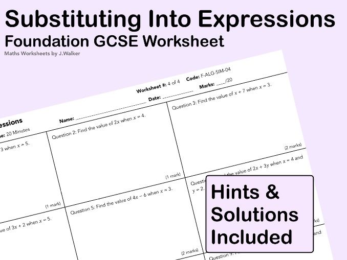 GCSE Maths Worksheet: Substituting into expressions - Foundation Tier