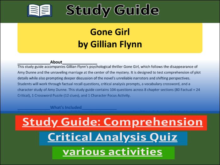 Study Guide for :Gone Girl by Gillian Flynn  & Comprehension Test