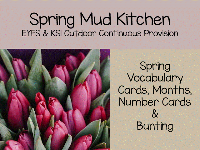 Spring Mud Kitchen Set | EYFS Outdoor Learning Numbers, Vocabulary & Bunting