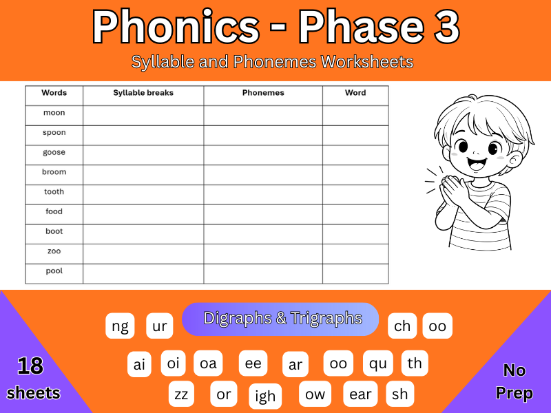 Phonics:  Phase 3 Syllables & Phonemes Worksheets