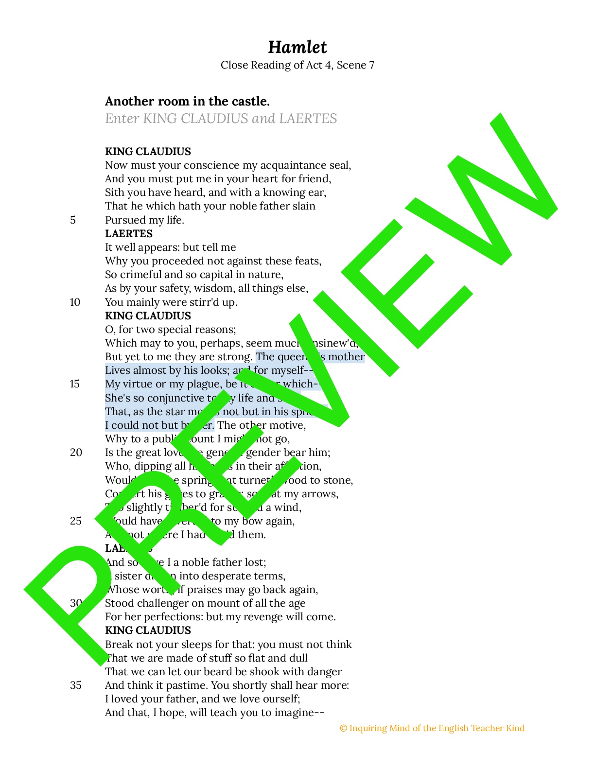 Hamlet Close Reading Worksheet - Act 4.7 | Teaching Resources