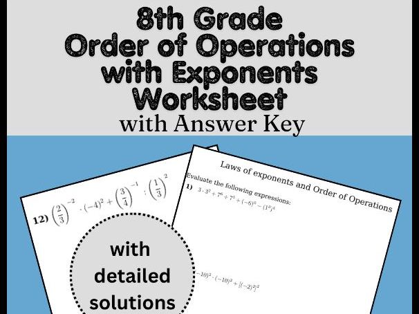 8th Grade Order of Operations with Exponents Worksheet | with Answer Key