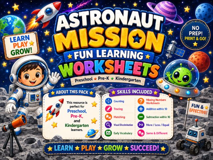Astronaut Mission Worksheets | Space Math & Tracing Activities | Preschool Kindergarten