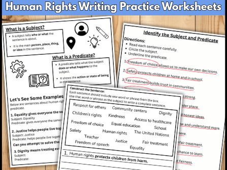Subject and doePredicate worksheets pack- Integrating English Grammar with Human Rights