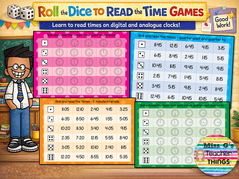 Roll and read digital and analogue times dice board games - Maths: Telling the time