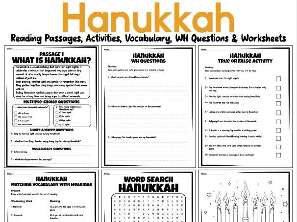 Hanukkah Reading Passages, Activities, Vocabulary, WH Questions & Worksheets