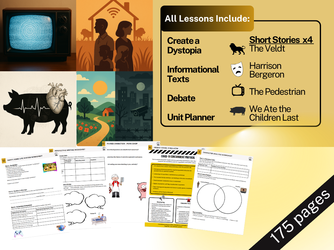 Dystopia Unit - English Class - 4 Short Stories, Informational Texts, Debate, More!