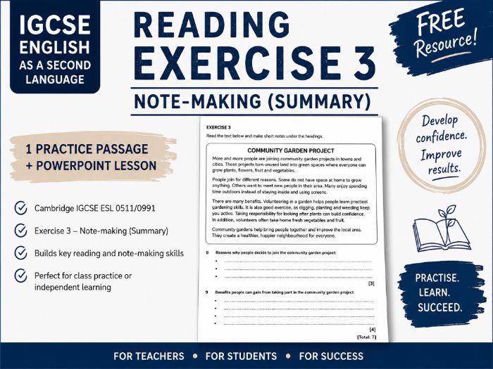 Cambridge IGCSE ESL Reading Exercise 3 | Note-Making | FREE PowerPoint & Practice Passage