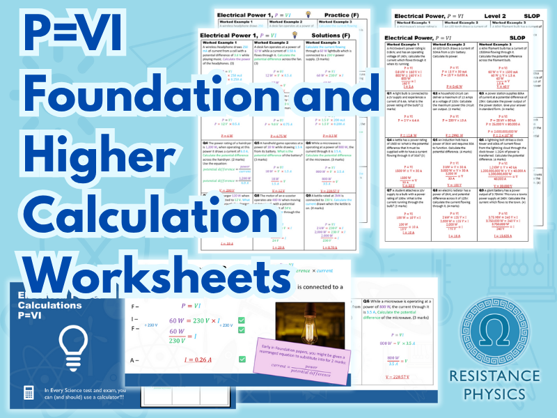 GCSE Science - Electrical Power, P=VI Foundation and Higher Tier Calculation Worksheets