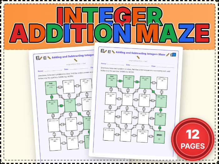 Integer Operations Addition & Subtraction Maze Pack of 4 Differentiated Puzzles Worksheets