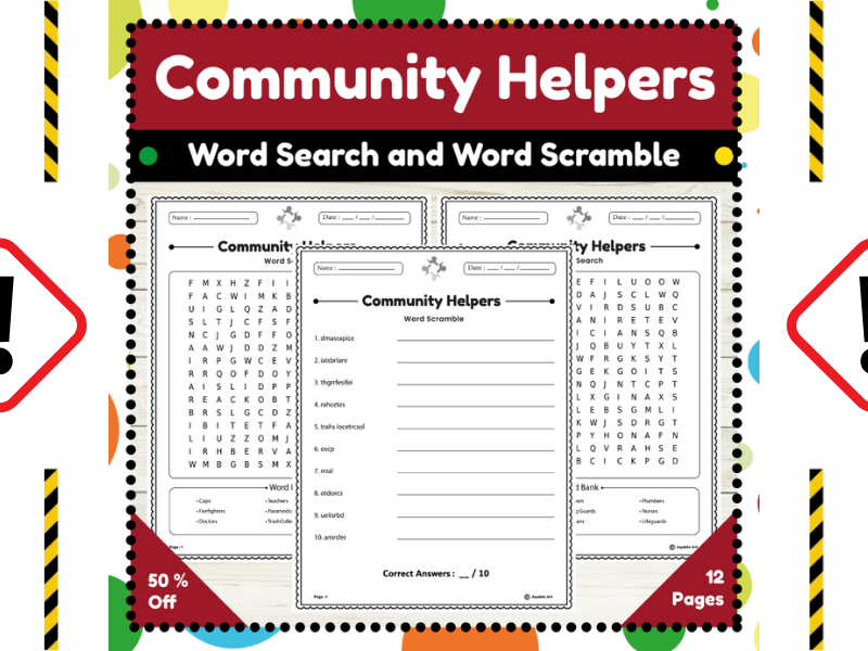 Community Helpers Word Search and Word Scramble : Engaging Vocabulary Activities