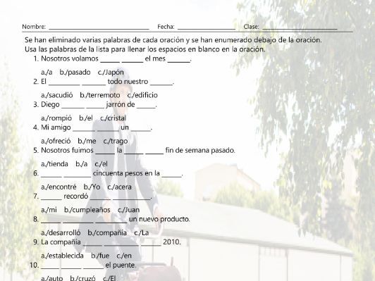 Past Simple Tense with Irregular Verbs Missing Words Spanish Worksheet ...