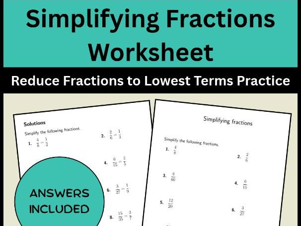 Simplifying Fractions Worksheet Reduce Fractions to Lowest Terms Practice