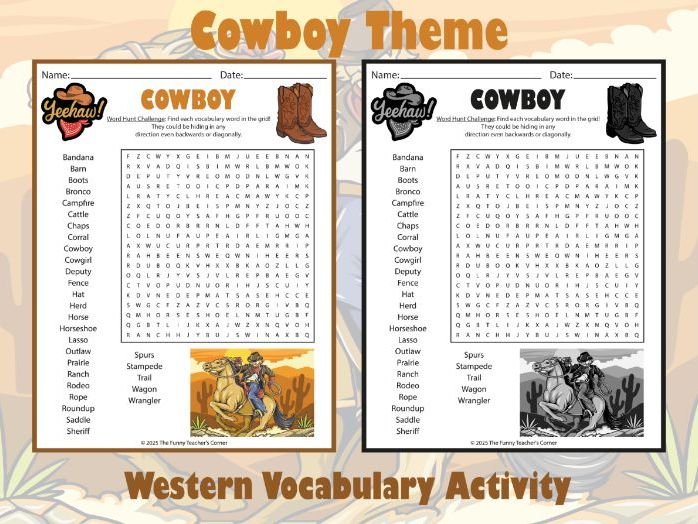 Cowboy Theme Word Search | Western Vocabulary Activity | Fun Literacy Worksheet